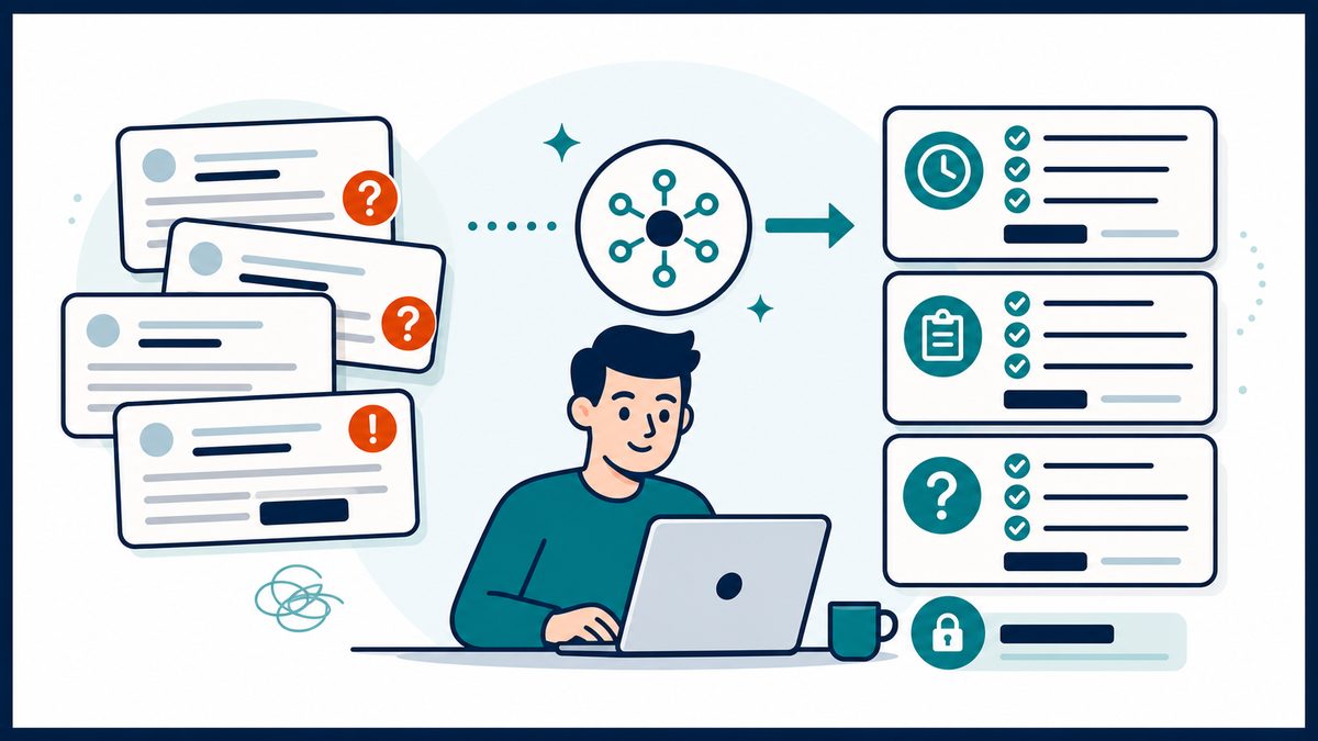 An everyday AI user turns overlapping confusing messages into clear checklists for timing, actions, and open questions.