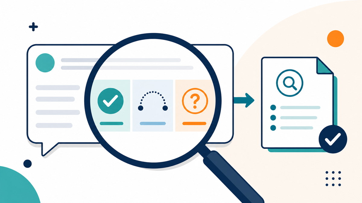 A magnifying glass separates an AI answer into supported, inferred, and unknown information before independent verification.